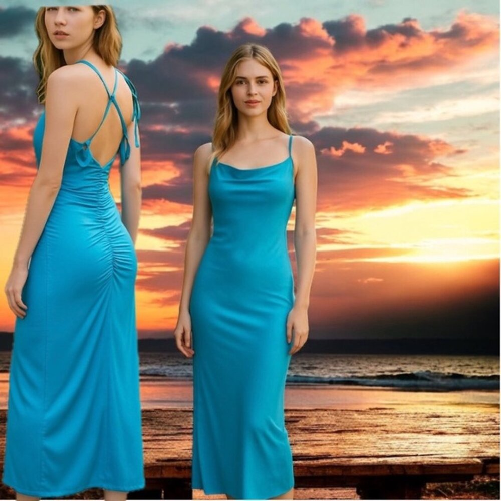 Blue ribbed spaghetti strap draped cowl neck open crisscross back ruched dress M